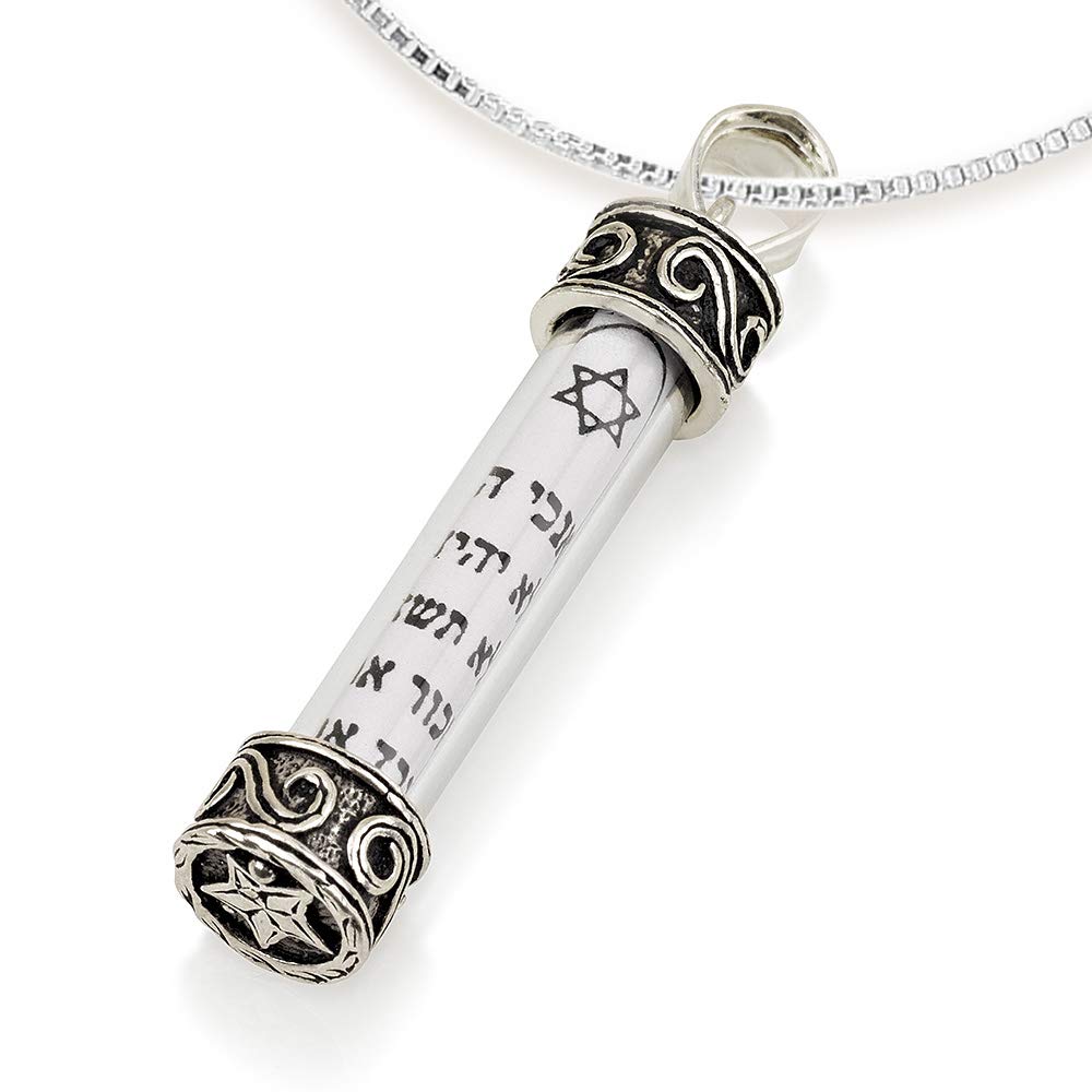 Collar de Mezuzá de Plata Esterlina 925 con Colgante de Pergamino Diez Mandamientos Joyería Judía para Mujeres Cadena con Letras Hebreas Bendiciones Mesiánicas Regalos de Israel Recuerdos Arte Espiritual Cábala Joyería Hebrea Sagrada para Hombres (Diez Ma