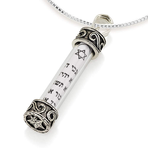 Collar de Mezuzá de Plata Esterlina 925 con Colgante de Pergamino Diez Mandamientos Joyería Judía para Mujeres Cadena con Letras Hebreas Bendiciones Mesiánicas Regalos de Israel Recuerdos Arte Espiritual Cábala Joyería Hebrea Sagrada para Hombres (Diez Ma